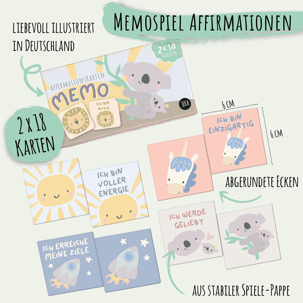 Affirmationskarten-Memo von Jeka, 2x 18 Karten mit jeweils einer Affirmation