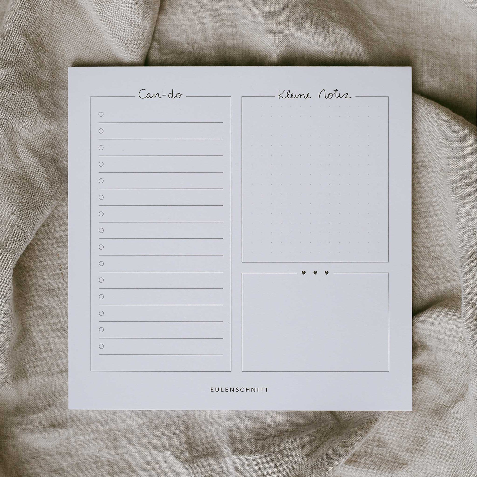 Notizblock "Can do" von Eulenschnitt, Platz für Can dos und kleine Notizen. Auf einem Tischtuch liegend