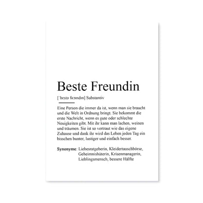 Postkarte mit Definition des Begriffs Beste Freundin von Kamewi. Schwarzer Text auf weißem Papier. Postkarte abgebildet vor weißem Hintergrund.