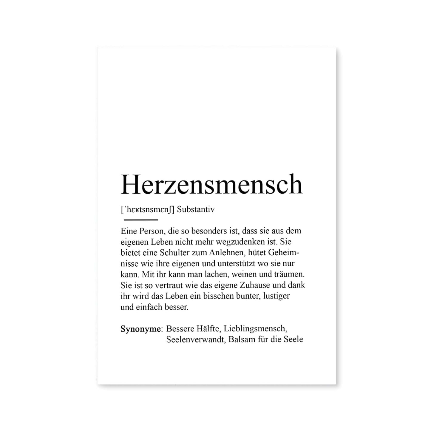 Postkarte mit Definition des Begriffs Herzensmensch von Kamewi. Schwarzer Text auf weißem Papier. Postkarte abgebildet vor weißem Hintergrund.