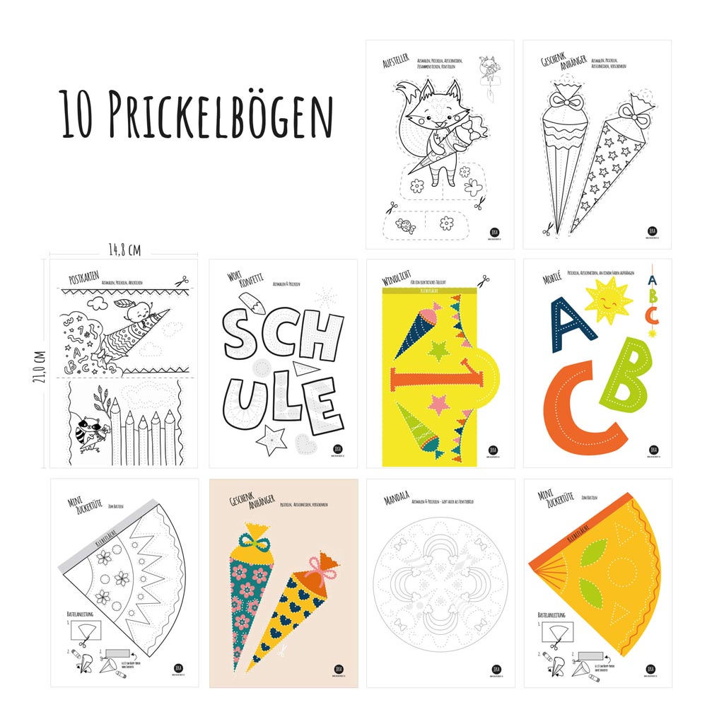 Set aus 10 Prickelbögen mit Motiven zum Schulanfang, Übersicht aller 10 Bögen vor weißem Hintergrund