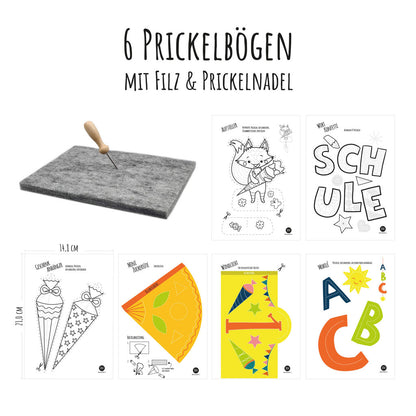 Prickelset Schulanfang für Vorschulzeit und Schulanfang, inklusive Prickelfilz und Prickelnadel. Von Jeka Papier- und Spielwaren