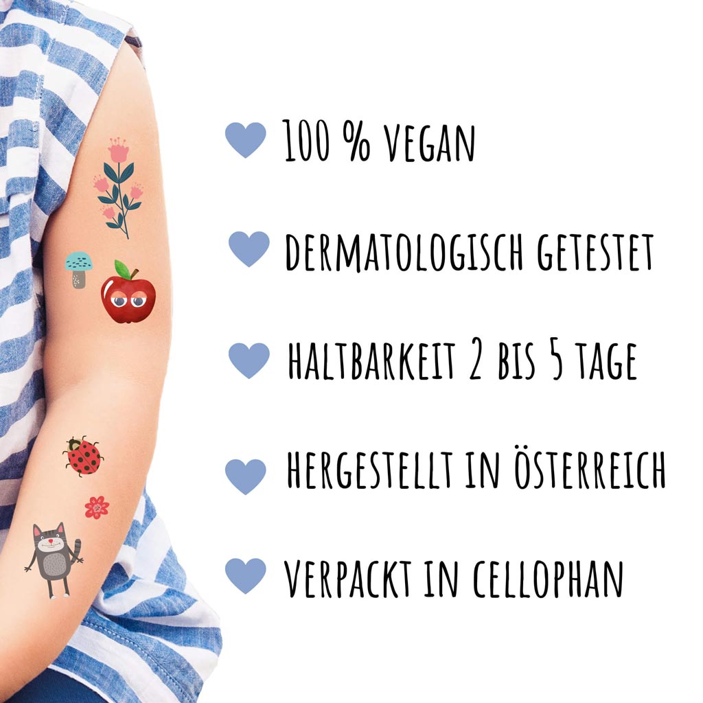 Aufzählung Vorteile der Temporären Tattoos Naturkinder für Kinder mit Tier- und Pflanzenmotiven von JEKA