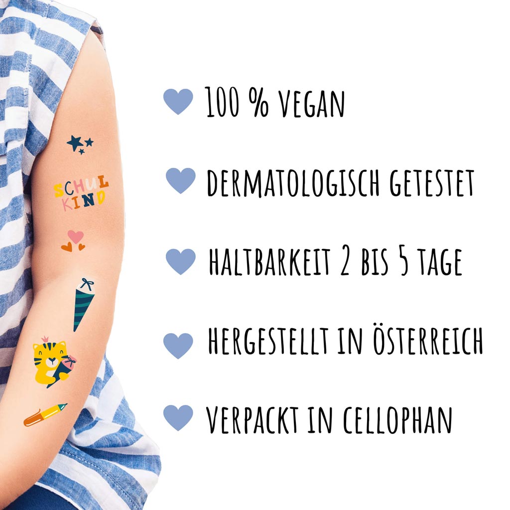 Temporäre Tattoos mit 3 verschiedenen Motivbögen für den Schulanfang von Jeka, Kinderarm mit beispielhaften Tattoos und Auflistung der Produktvorteile