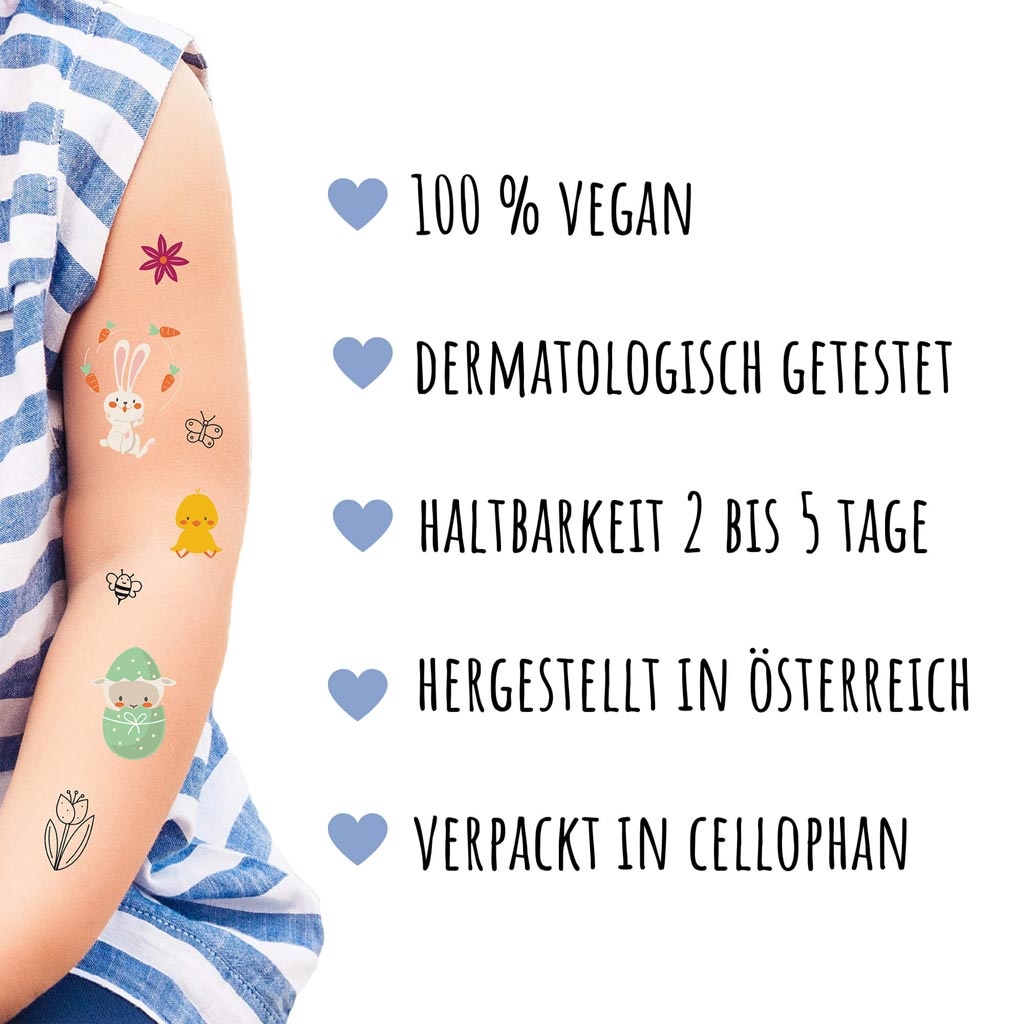 Tattoos für Kinder mit Tiermotiven aus 5 Themenwelten von dem Label Jeka, Kinderarm mit beispielhaften Motiven, daneben sind Benefits aufgelistet