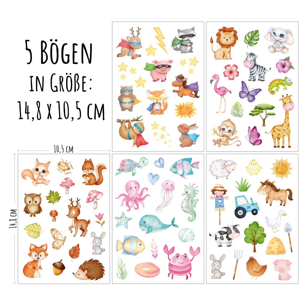 Tattoos für Kinder mit Tiermotiven aus 5 Themenwelten Superhelden, Safari, Wald, Unterwasser und Bauernhof auf 5 Bögen in DIN A5-Format von dem Label Jeka