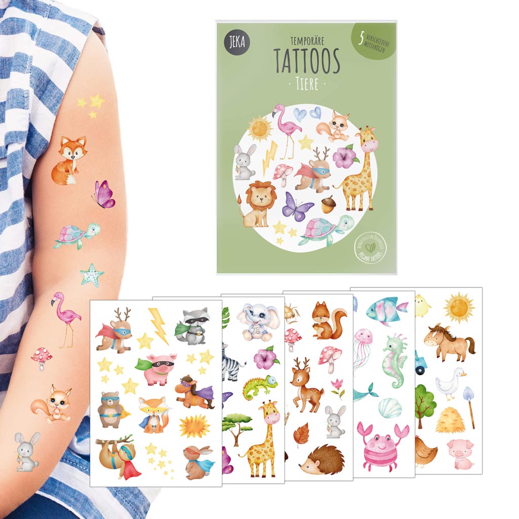 Tattoos für Kinder mit Tiermotiven aus 5 Themenwelten von dem Label Jeka, Vorderansicht der Verpackung, Kinderam mit beispielhaften Motiven und die 5 Bögen jeweils angeschnitten zu sehen vor weißem Hintergrund