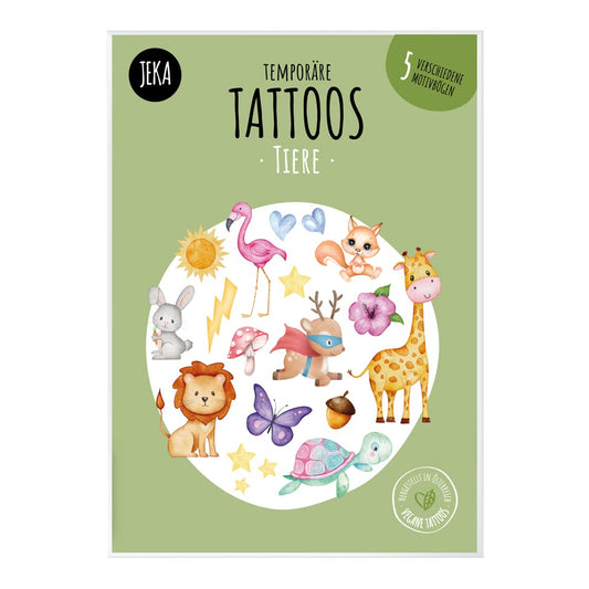 Tattoos für Kinder mit Tiermotiven aus 5 Themenwelten von dem Label Jeka, Vorderansicht der Verpackung auf weißem Hintergrund